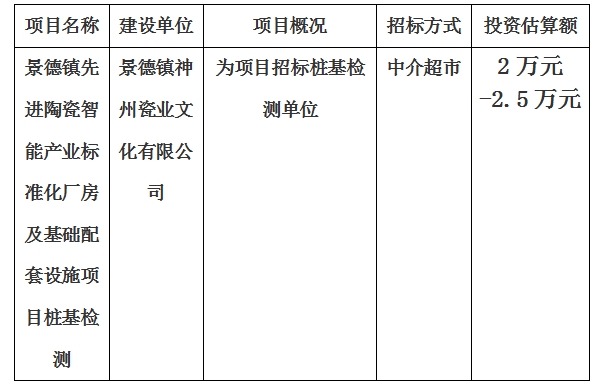 景德鎮(zhèn)先進(jìn)陶瓷智能產(chǎn)業(yè)標(biāo)準(zhǔn)化廠房及基礎(chǔ)配套設(shè)施項目樁基檢測計劃公告